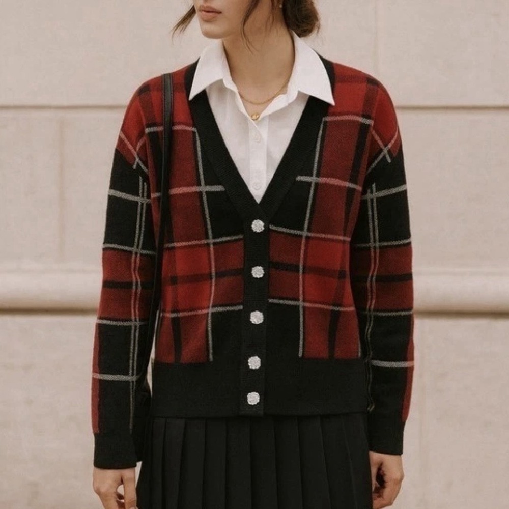 Tahari Red Black Plaid Cardigan V-Neck Rhinestone Button Preppy Academia Sweater